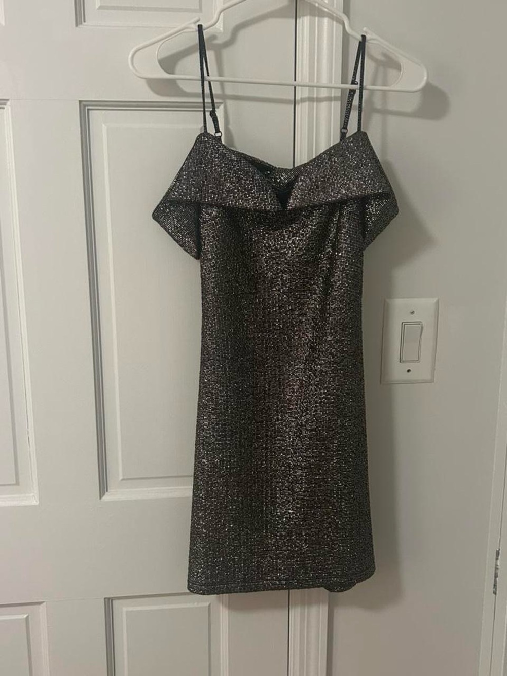 B Darlin Black Metallic Off-Shoulder Mini Dress